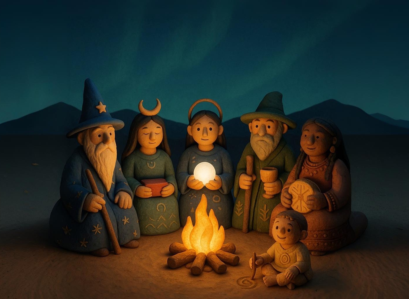 Archetypes gathered around a ceremonial fire